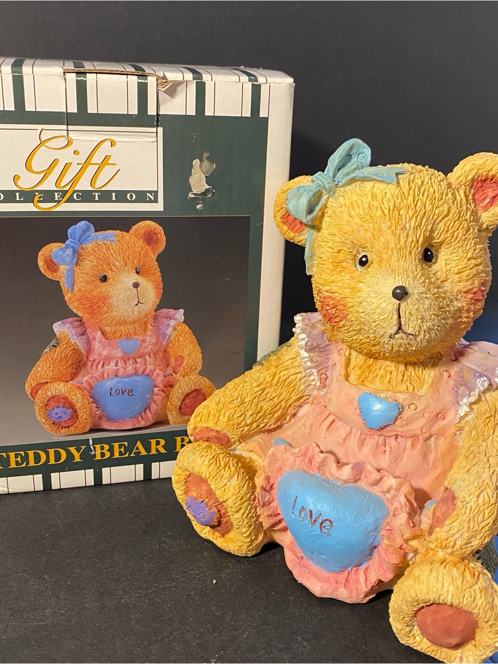 Vintage Teddy Bear Coin Saving Bank Pink Dress Blue Hearts Gift Collection